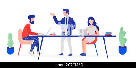 Teamdenken und Brainstorming-Meeting. Menschen reden und machen Analysen des Unternehmens, Steigerung der Verkäufe und Fähigkeiten Vektor Illustration Stock Vektor