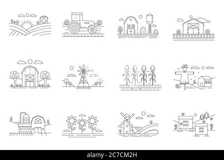 Farm und Felder dünne Linie Symbole isoliert. Landwirtschaft und Landwirtschaft Konzept skizzieren Vektor-Illustration Stock Vektor