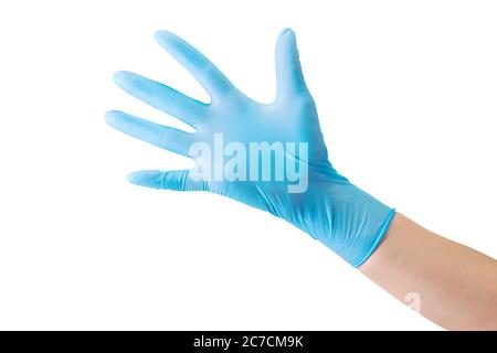Arzthand in medizinischen Handschuhen mit Handfläche isoliert auf weiß Stockfoto