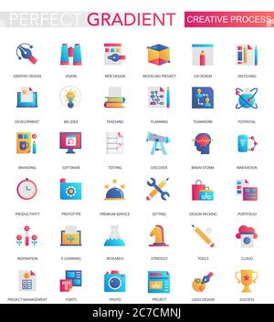 Vektor-Set von trendigen flachen Gradienten von kreativen Prozess-Icons Stock Vektor