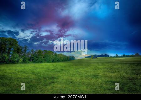 Schöne Aufnahme von einem grasbewachsenen Feld mit Bäumen unter einem Blauer wolkig Himmel Stockfoto