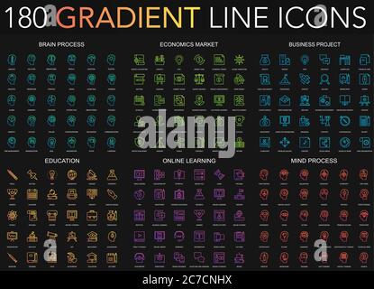 180 trendy Gradient Stil dünne Linie Symbole Satz von Gehirn-Prozess, Wirtschaft Markt, Business-Projekt, Bildung, Online-Lernen, Mind-Prozess isoliert auf schwarzem Hintergrund Stock Vektor