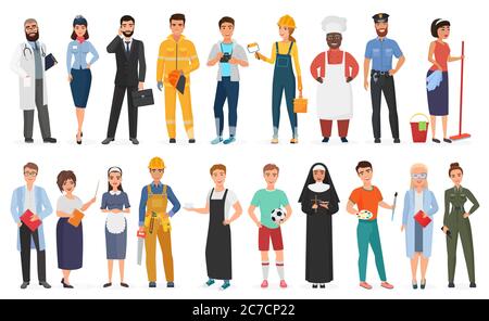 Collection of men and women people workers of various different occupations or profession wearing professional uniform set vector illustration Stock Vektor