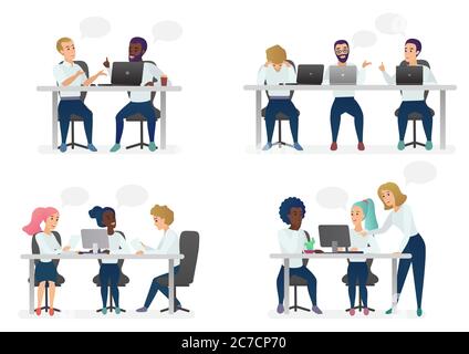 Männer und Frauen Menschen sitzen, arbeiten am Schreibtisch und stehen im modernen Büro, arbeiten am Computer und sprechen mit Kollegen. Coworking Center Teamwork Cartoon Vektor Illustration Stock Vektor