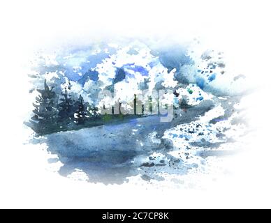 Winterlandschaft mit Fluss, Wald und Bergen. Aquarell Landschaft. Stockfoto