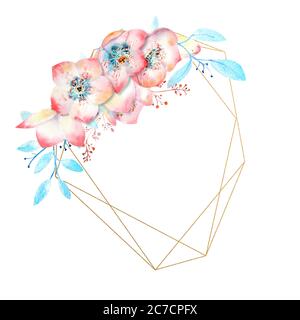 Die rosafarbene Hellebore blüht auf einem geometrischen Polygon auf einem weißen isolierten Hintergrund. Aquarell Kompositionen für die Dekoration von Grußkarten oder Stockfoto
