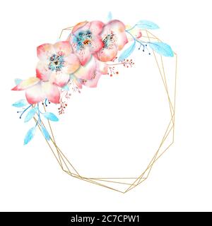 Die rosafarbene Hellebore blüht auf einem geometrischen Polygon auf einem weißen isolierten Hintergrund. Aquarell Kompositionen für die Dekoration von Grußkarten oder Stockfoto