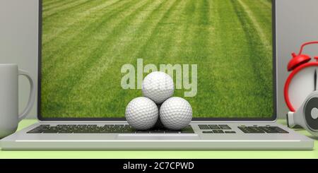 Golfbälle auf einem Computer-Laptop, grüner Golfplatz auf dem Bildschirm, Büroschreibtisch Hintergrund. Online Golf Match Konzept. 3d-Illustration Stockfoto