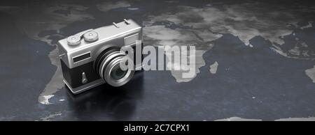 Konzept der Reisefotografie. Fotokamera auf Weltkarte Hintergrund, Kopierraum, Banner. 3d-Illustration Stockfoto