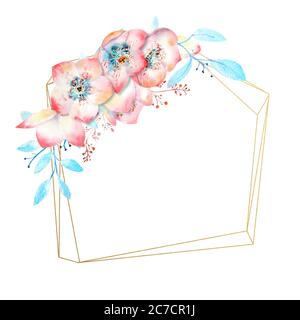 Die rosafarbene Hellebore blüht auf einem geometrischen Polygon auf einem weißen isolierten Hintergrund. Aquarell Kompositionen für die Dekoration von Grußkarten oder Stockfoto