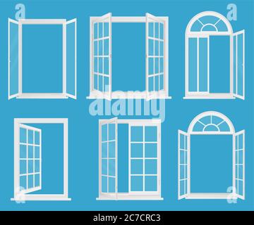 Weiße Kunststoff realistische Fenster mit transperanten Glas Vektor-Illustration gesetzt Stock Vektor