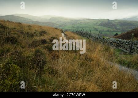 Fußweg auf Gowbarrow fiel mit dem Aira Beck Valley und den Fjälls von Matterdale Common Beyond im Lake District National Park, Cumbria, England. Stockfoto