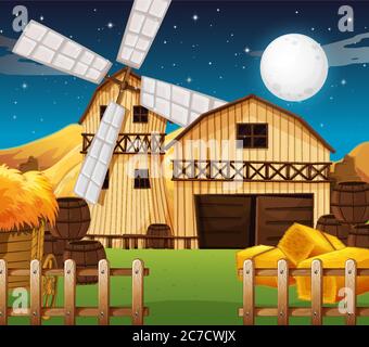 Farmszene mit Scheune und Mühle bei Nacht Illustration Stock Vektor