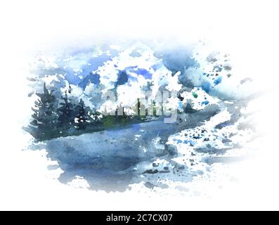 Winterlandschaft mit Fluss, Wald und Bergen. Aquarell Landschaft. Vektor Stock Vektor