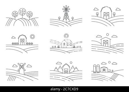 Set von verschiedenen Linien Öko-Farm Landschaften isoliert auf weißem Hintergrund. Ländliche Landschaft mit Windmühle, Silageturm, Bäumen. Vektordarstellung im linearen Stil Stock Vektor