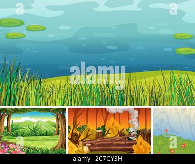 Vier verschiedene Naturkatastrophen Szenen von Wald Cartoon Stil Illustration Stock Vektor