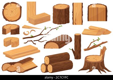 Rohstoffe der Holzindustrie. Realistische Sammlung von Produktionsmustern. Baumstamm, Baumstämme, Stämme, Holzarbeiten Planken, Baumstümpfe, Zweig, Zweige Cartoon-Vektor-Illustration Stock Vektor