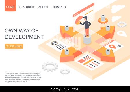Vektor-Design der Landing Page Vorlage der inspirierenden Website mit Person zeigt Weg, um Arbeitsprozess zu entwickeln. Eigene Art der Entwicklung isometrische Illustration Stock Vektor
