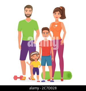 Sport Lifestyle gesunde junge Familie mit niedlichen Kindern. Vater, Mutter, Sohn und Tochter sind an der Fitness beteiligt. Sport Familie Cartoon Vektor Illustration isoliert Stock Vektor