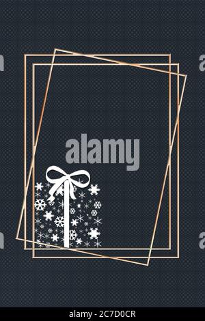Eleganter Luxus Weihnachten Neujahr Hintergrund mit abstrakten Pastell Silber Geschenkbox aus Schneeflocken auf schwarzem Hintergrund mit goldenen Rahmen. 3D-Illustration. Platz kopieren, Banner, Poster Stockfoto