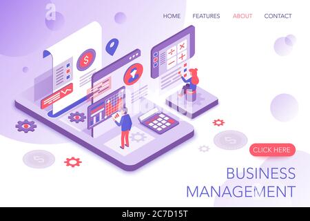 Finanzmanagement, Unternehmensstatistiken, Business Marketing Moderne 3d isometrische Vektor Landing Page Vorlage. Personen, die mit virtuellen Bildschirmdiagrammen interagieren und Statistiken analysieren Stock Vektor