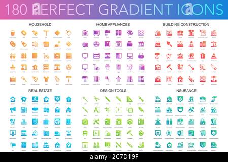 180 Vektor trendy perfekte Gradienten-Icons Set von 180 modernen dünnen Linien-Icons Set von Haushalt, Haushaltsgeräte, Gebäudekonstruktion, Immobilien, Design-Tools, Versicherung Stock Vektor