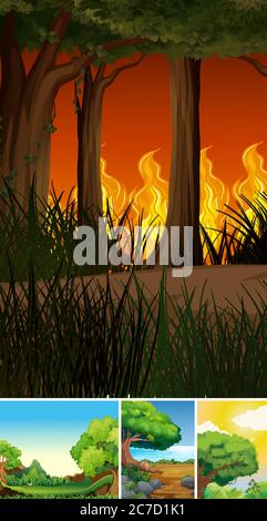 Vier verschiedene Naturkatastrophen Szenen von Wald Cartoon Stil Illustration Stock Vektor