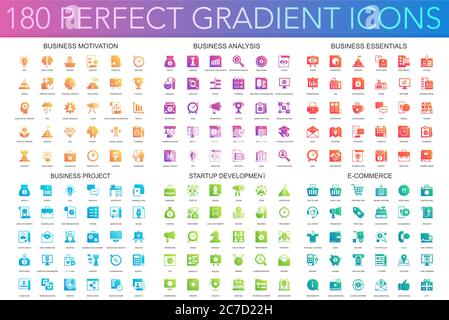 180 Vektor trendy perfekte Gradient Icons Set von Business-Motivation, Analyse, Business Essentials, Business-Projekt, Startup-Entwicklung, E-Commerce Stock Vektor