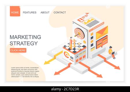 Isometrische Menschen spielen Schach und mit Laptop, während die Darstellung Marketing-Strategie auf der Homepage der Business Landing Page Vorlage Vektor Illustration Stock Vektor