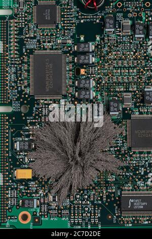 Magnetfelder, die durch Mac-Computer-PC-Boards passieren, wo Eisenspäne unsichtbare Feldlinien zeigen, die von einem einzigen Pol permanentem Neodym kommen Stockfoto