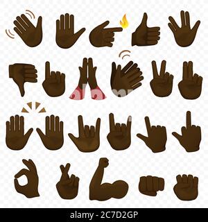Set von dunklen schwarzen afroamerikanischen Händen Symbole und Symbole. Emoji-Handsymbole. Verschiedene Cartoon-Gesten, Hände, Signale und Zeichen setzen Vektor-Illustration Stock Vektor