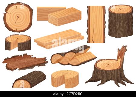 Rohstoffe der Holzindustrie. Realistische, detailreiche Vektorproduktionsmuster. Baumstamm, Baumstämme, Stämme, Holzplanken, Baumstümpfe, Baumzweig, Zweige Stock Vektor