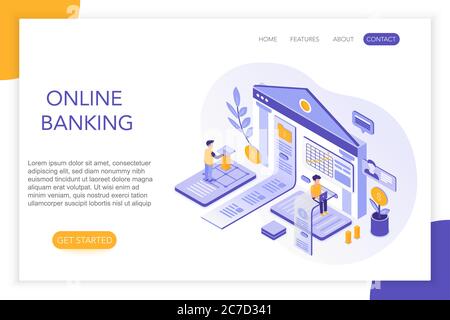 Online Banking, sichere Zahlungen, Bankkonto 3d isometrische Landing Page Vorlage. Menschen, virtuelle Bildschirmdiagramme mit Statistiken Vektor Illustration Stock Vektor