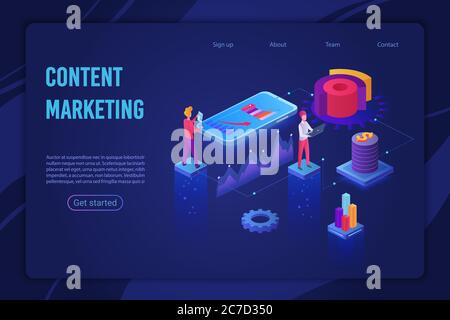 Content Marketing Strategie Ultraviolett Licht Landing Page isometrische Vektor-Vorlage. Digitales Marketing, Content Sharing, Social Media. Erstellen, Verteilen von Inhalten Website Homepage Layout Stock Vektor