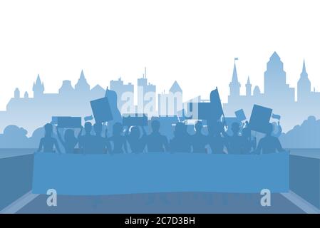 Protest Menschen Masse Silhouette auf flachen modernen coty Vektor Hintergrund Landschaft Demonstration Konzept. Stock Vektor