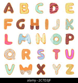 Set von köstlichen, süß, wie Donuts, glasiert, Schokolade, lecker, lecker, geformt Alphabet Schrift Buchstaben isoliert auf weißem Hintergrund. Farbenfrohe Vektorgrafik Stock Vektor