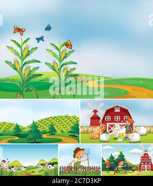 Set von verschiedenen Farmszenen mit Tierfarm Cartoon Stil Illustration Stock Vektor