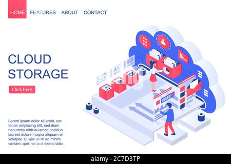 Vorlage für isometrische Vektor-Landing-Page für Cloud-Speicher. Datensicherung und Webhosting Website Design Layout. Digital Server, Datenbank und Cloud Computing Services 3d Konzept. Daten hochladen und webstorage Stock Vektor