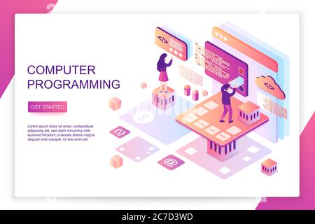Computer-Software-Programmierung, Codierung, Front-End-Entwicklung, moderne 3d isometrische Vektor-Website Landing Page Vorlage. Personen, die mit virtuellen Bildschirmdiagrammen interagieren und Statistiken analysieren Stock Vektor