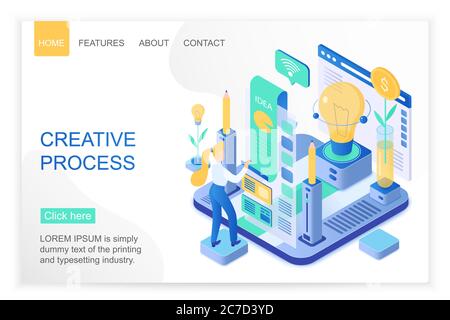 Kreative Prozess isometrische Landing Page Vektor-Vorlage. Grafik Designer Service Website Layout. Ideengenerierung und -Entwicklung, Brainstorming, Workflow 3d-Konzept. Webseite zur Geschäftsstrategie Stock Vektor
