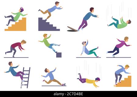 Satz von verletzten Menschen fallen die Treppe hinunter und über den Rand, Leiter, fallen aus der Höhe, nassen Boden fallen, stolpern auf der Kanalhalle, Stolpern auf Treppen isoliert auf weißem Hintergrund Stock Vektor