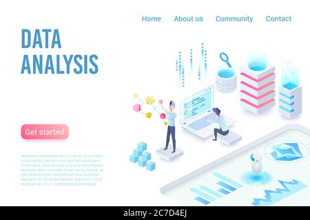 Datenanalyse und Visualisierung isometrische Landing Page Vektor Vorlage. Big Data, Statistiken, Web-Analyse und Website-Traffic Webseiten-Design-Layout. Programmierung, IT-Industrie 3d-Konzept Illustration Stock Vektor