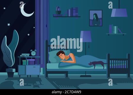 Junger, müder Mann, der im Bett mit Steppdecke schläft. Student männlichen Schlaf in der Nacht in dunklen Schlafzimmer innen Cartoon flache Vektor-Illustration Stock Vektor