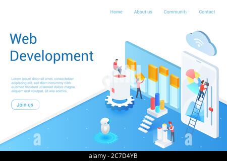 Web-Entwicklung isometrische Landing Page Vektor-Vorlage. App, Software Programmierung Webseite Design Layout. Website-Optimierung und Anpassung 3d-Konzept Illustration. Digitale Technologie, IT-Branche Stock Vektor