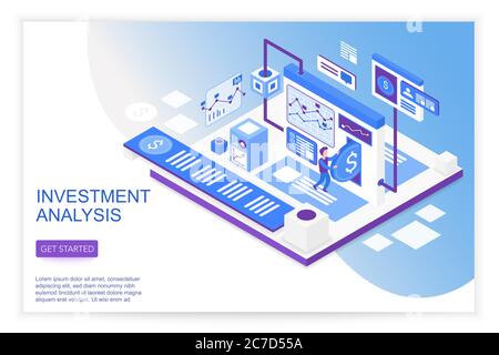 Finanzwachstum und Forschung, Business-Strategie-Management-Analyse, Investmentlösungen moderne 3d isometrische Landing Website-Seite Vorlage Vektor Illustration Stock Vektor