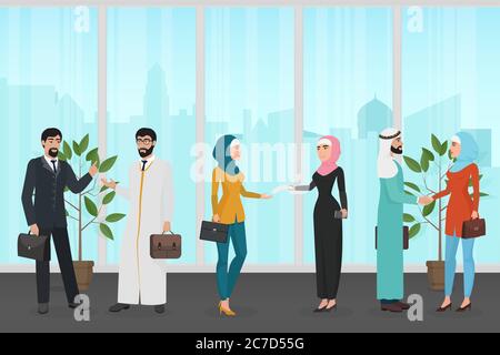 Männer und Frauen in traditionellen muslimischen Kleidung sprechen miteinander während der Arbeit im Büro zusammen Vektor-Illustration Stock Vektor