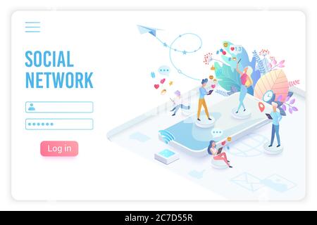 Social Network App isometrische Landing Page Vektor-Vorlage. Online-Kommunikation, chatten Smartphone-Anwendung Website Design Layout. Networking, Social Media Service Login 3d Konzept Illustration Stock Vektor