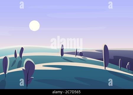 Bäume wachsen auf Hügeln in friedlicher Wiese gegen Himmel mit Mond am frühen Morgen Nacht Vektor-Illustration Landschaft Stock Vektor