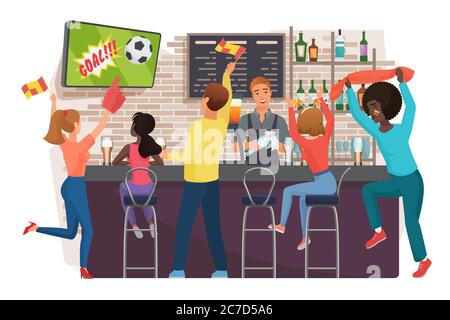 Menschen beobachten Fußball und feiern in bar flache Vektor-Illustration. Freunde beobachten Fußballspiel, Barkeeper an der Sportbar stehen Comic-Figuren. Fußballfans in der Bar Rückansicht Stock Vektor