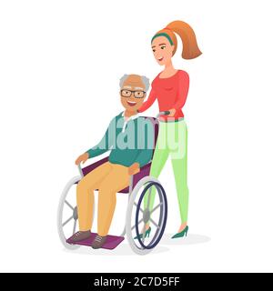 Lächelnd junge gesunde weibliche Sozialarbeiter oder Tochter, kümmert sich um ältere behinderte positive Vater oder Großvater im Rollstuhl isoliert Vektor-Illustration Stock Vektor